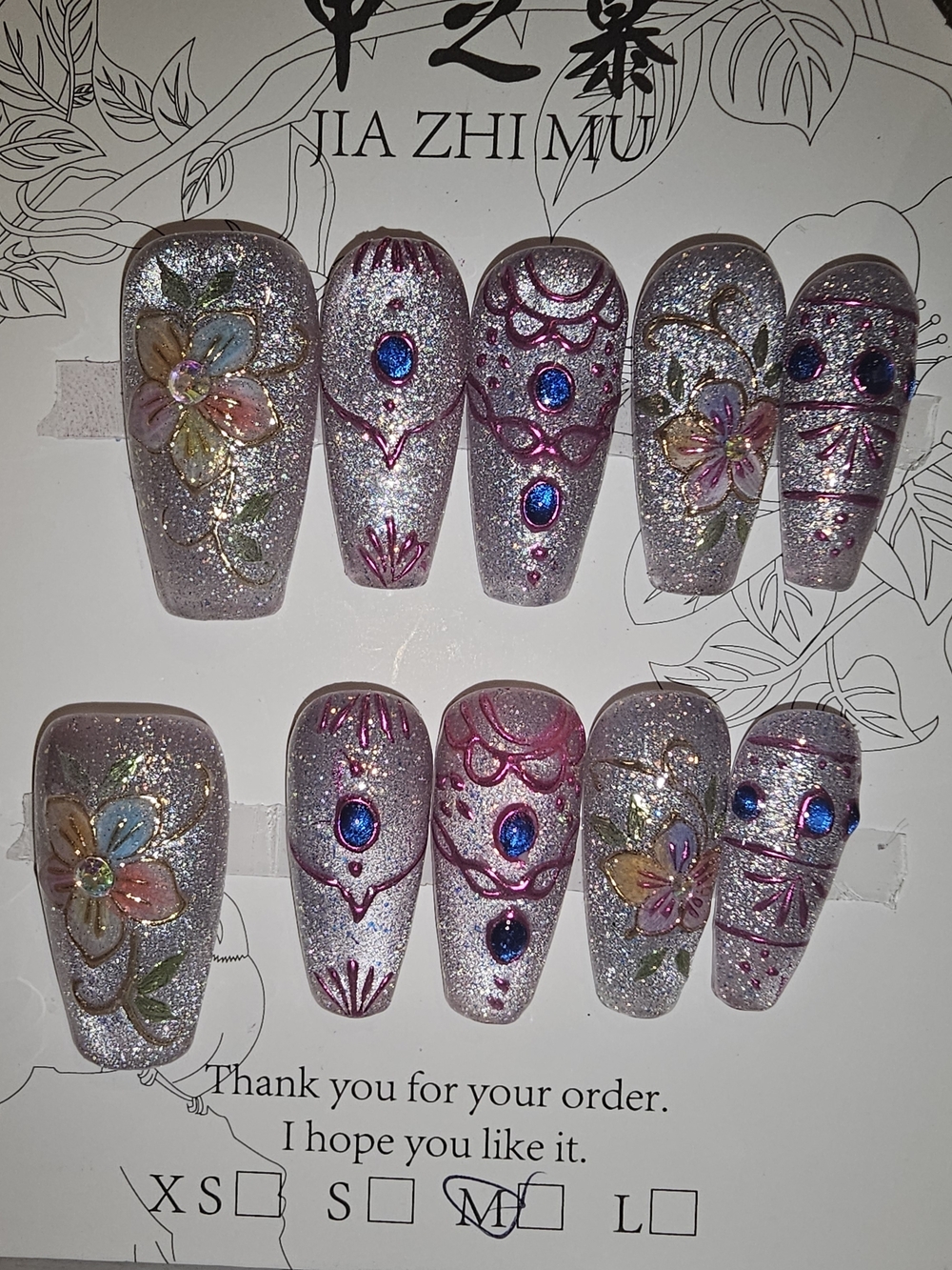 Glitter Pink Floral Press-On Nails with Blue Gem Accents